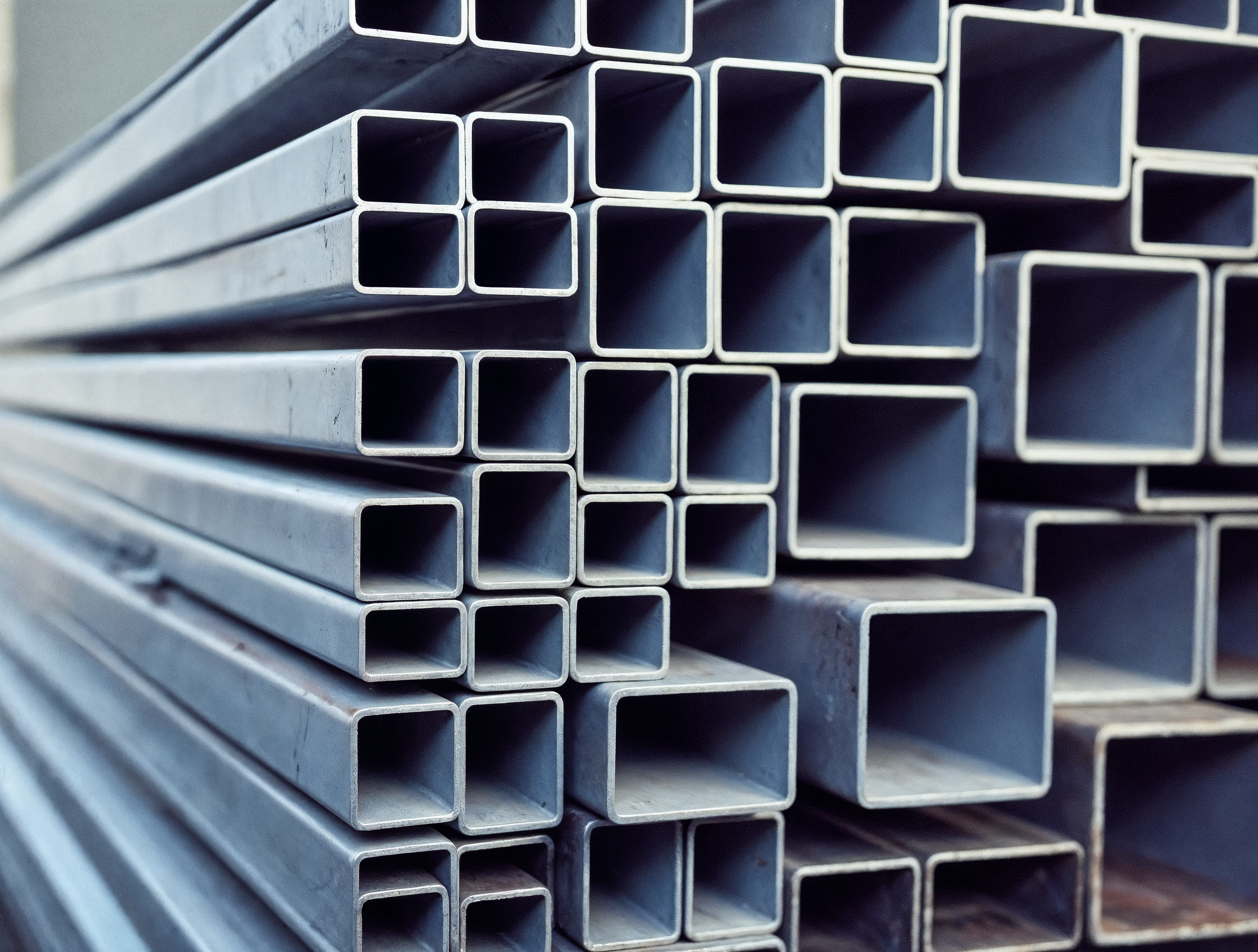 Tubos galvanizados empilhados em depósito